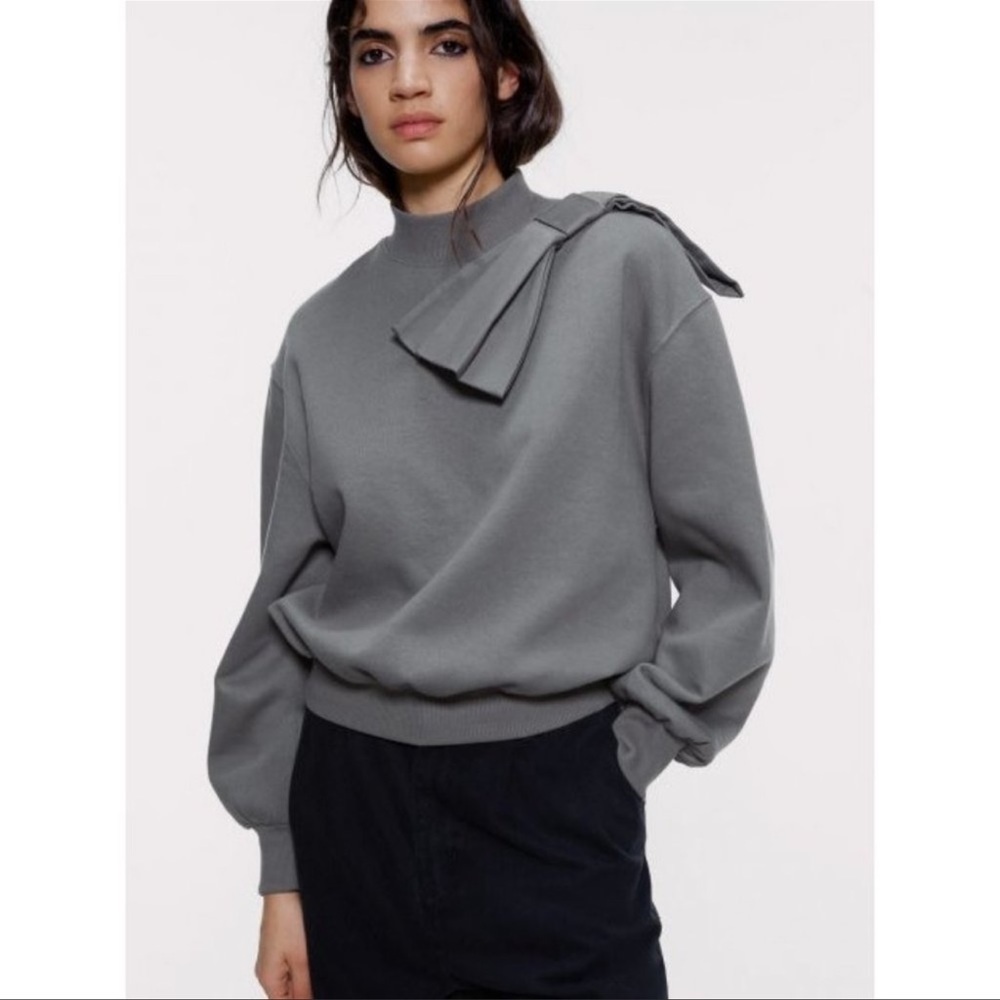 Zara Grey/Khaki Sweatshirt With‎ Tie Detail Size S